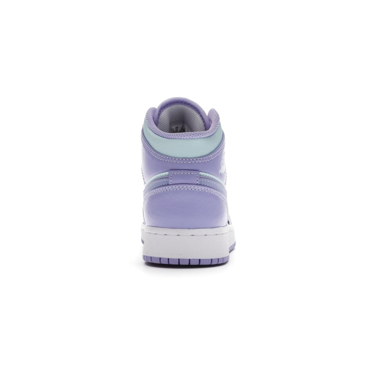 Back view of Air Jordan 1 Mid GS Purple Aqua sneakers showcasing lilac and aqua blue design elements.