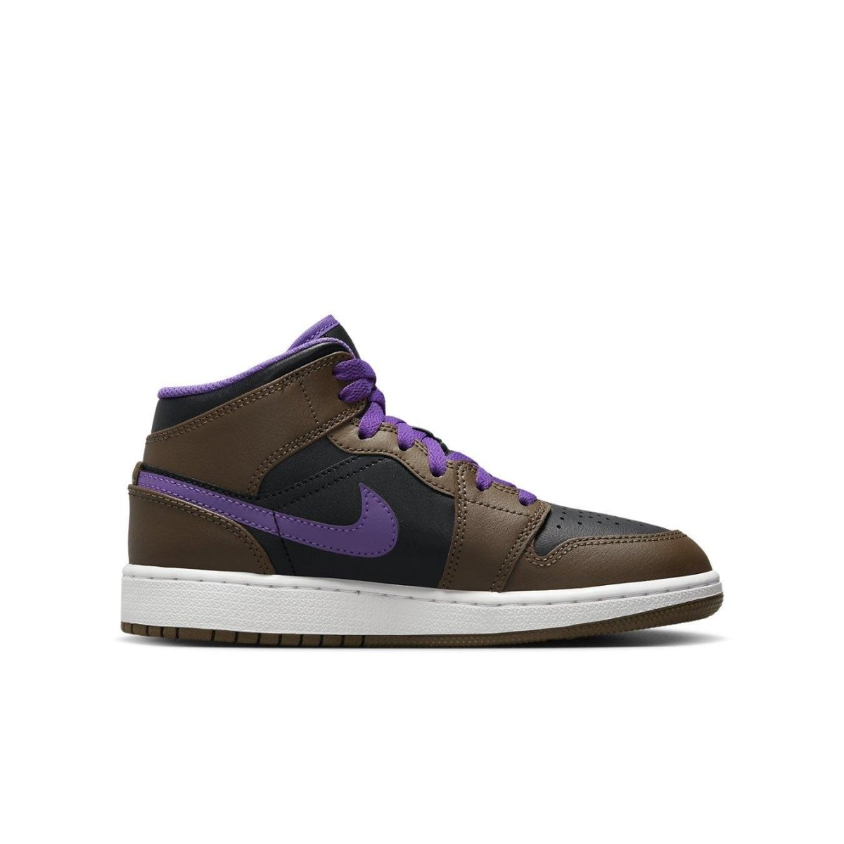 Jordan 1 Mid Purple Mocha GS sneaker showcasing brown and purple design with classic Swoosh logo.