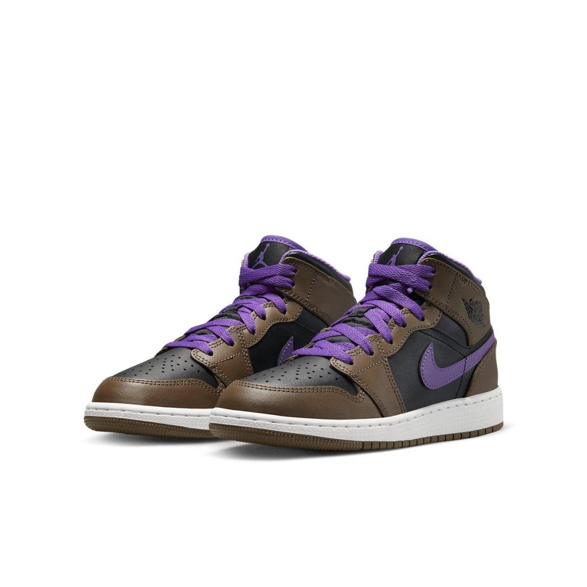 Air Jordan 1 Mid Purple Mocha GS featuring brown leather, purple accents, and classic Swoosh design.