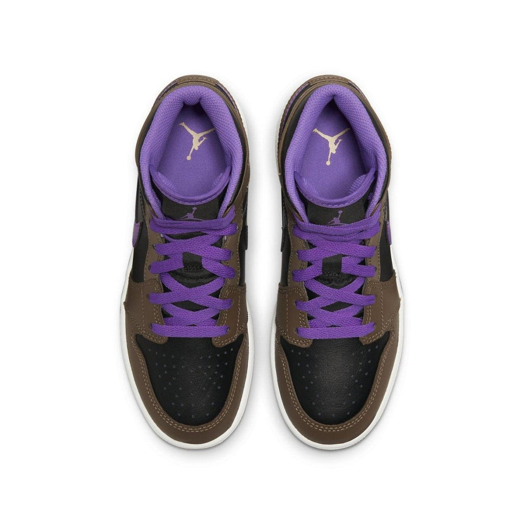 Overhead view of Jordan 1 Mid Purple Mocha GS sneaker featuring purple and brown colorway with perforated leather.