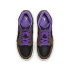 Overhead view of Jordan 1 Mid Purple Mocha GS sneaker featuring purple and brown colorway with perforated leather.