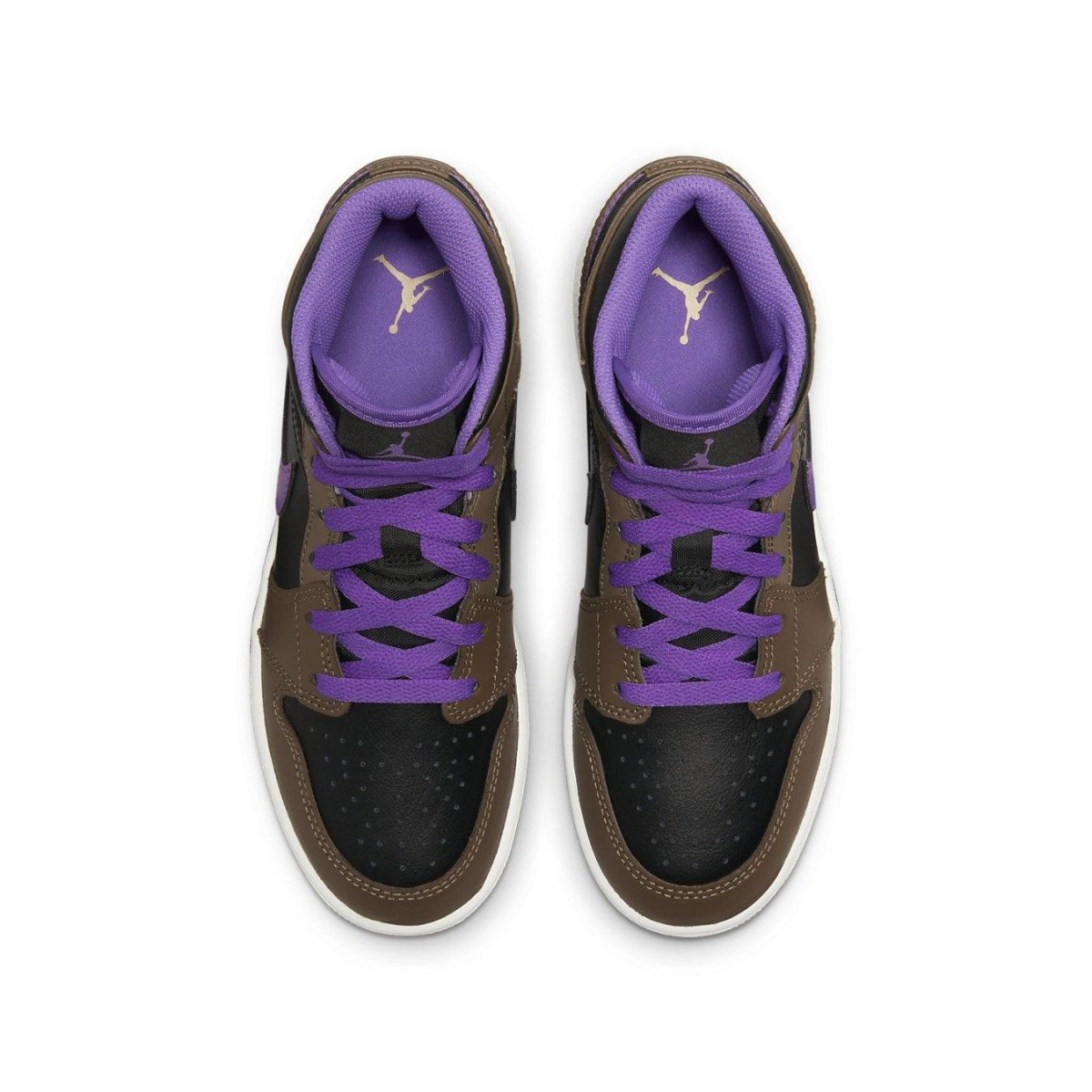 Overhead view of Jordan 1 Mid Purple Mocha GS sneaker featuring purple and brown colorway with perforated leather.