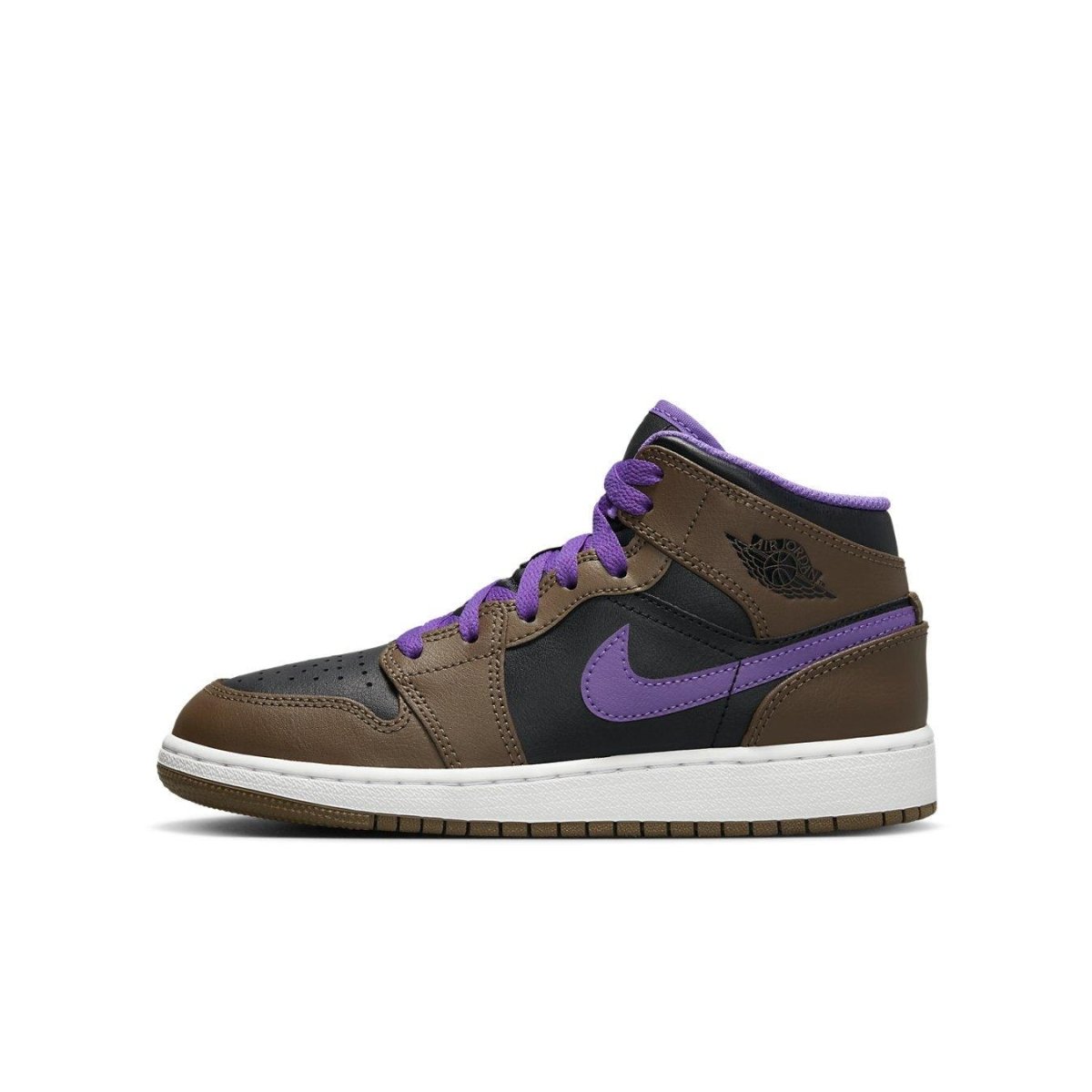 Air Jordan 1 Mid Purple Mocha GS sneaker featuring brown and purple leather, iconic Swoosh, and perforated toe for breathability.