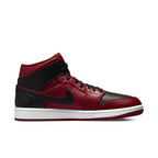 Air Jordan 1 Mid Reverse Bred (2021) in red and black leather, showcasing a classic design with modern updates.