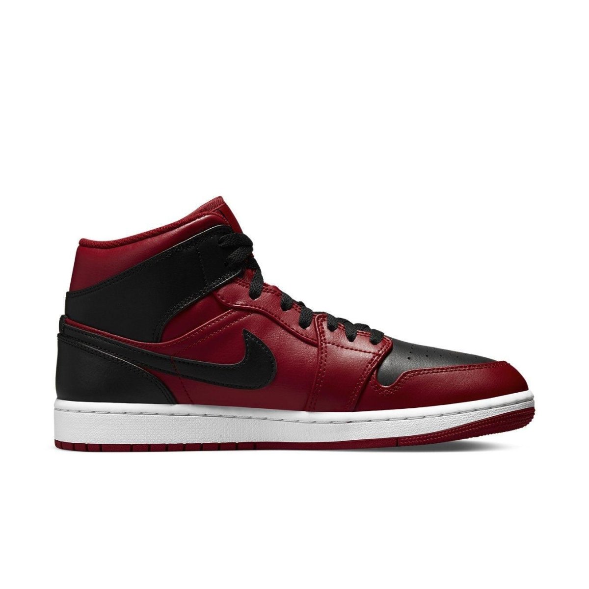 Air Jordan 1 Mid Reverse Bred (2021) in red and black leather, showcasing a classic design with modern updates.