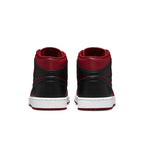 Air Jordan 1 Mid Reverse Bred 2021 sneakers featuring a black and red colorway with white sole, showcasing the back view.