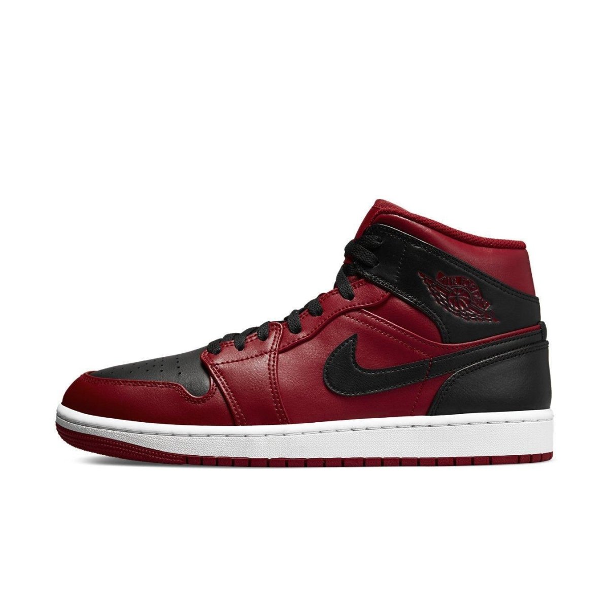 Air Jordan 1 Mid Reverse Bred (2021) featuring a classic design with red and black colorway and high-top silhouette.