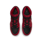 Jordan 1 Mid Reverse Bred (2021) GS sneakers, featuring red and black colorway, top view, stylish athletic footwear.
