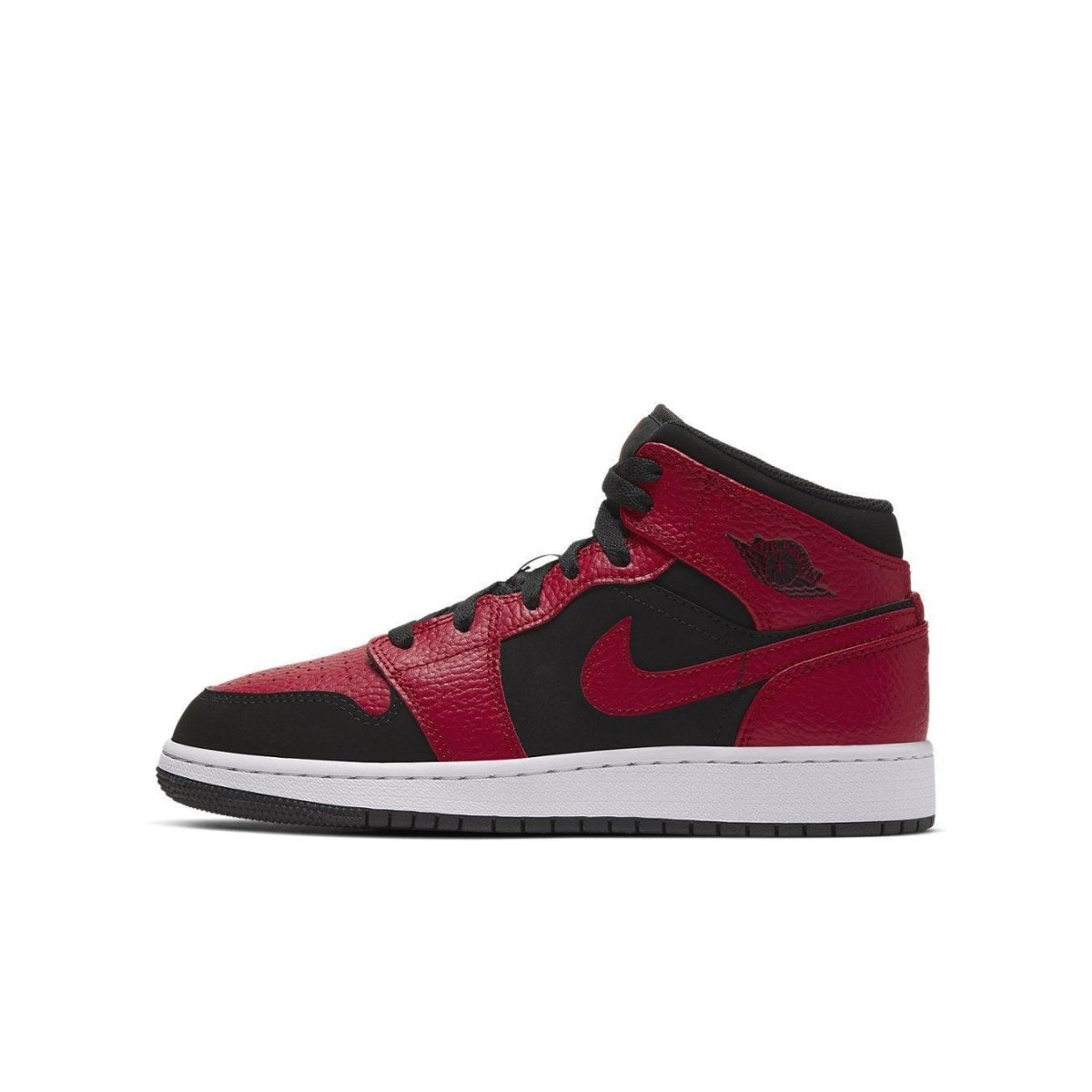 Air Jordan 1 Mid Reverse Bred (GS) in black and red leather with classic basketball design.