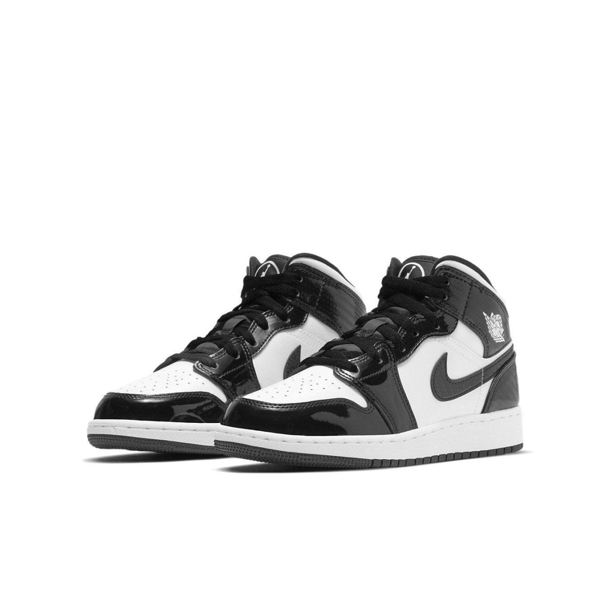 Air Jordan 1 Mid SE GS All-Star Carbon Fiber in black and white, featuring glossy patent leather and carbon fiber accents.