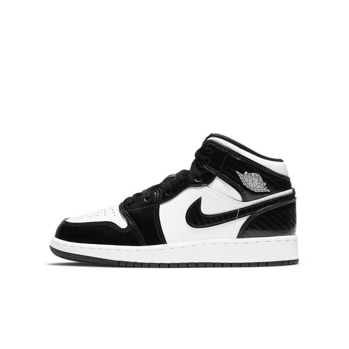Jordan 1 Mid SE All-Star Carbon Fiber kids sneakers in black and white with patent leather detailing.