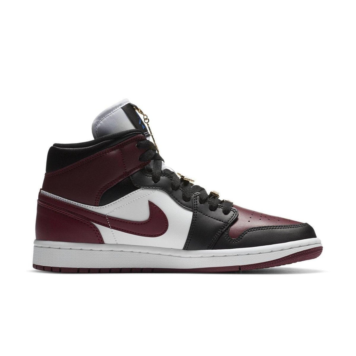 Air Jordan 1 Mid SE Black Dark Beetroot women’s sneakers featuring black, white, and burgundy colorway with gold accents.