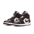 Air Jordan 1 Mid SE Black Dark Beetroot (W) featuring gold hardware and classic design elements.