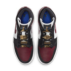 Air Jordan 1 Mid SE Black Dark Beetroot Women's sneakers with gold pendants and classic silhouette.