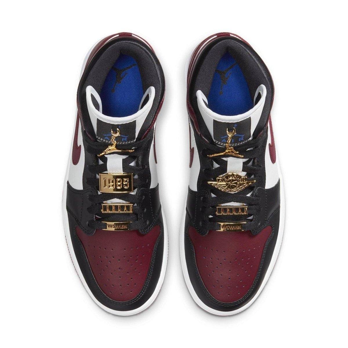 Air Jordan 1 Mid SE Black Dark Beetroot Women's sneakers with gold pendants and classic silhouette.