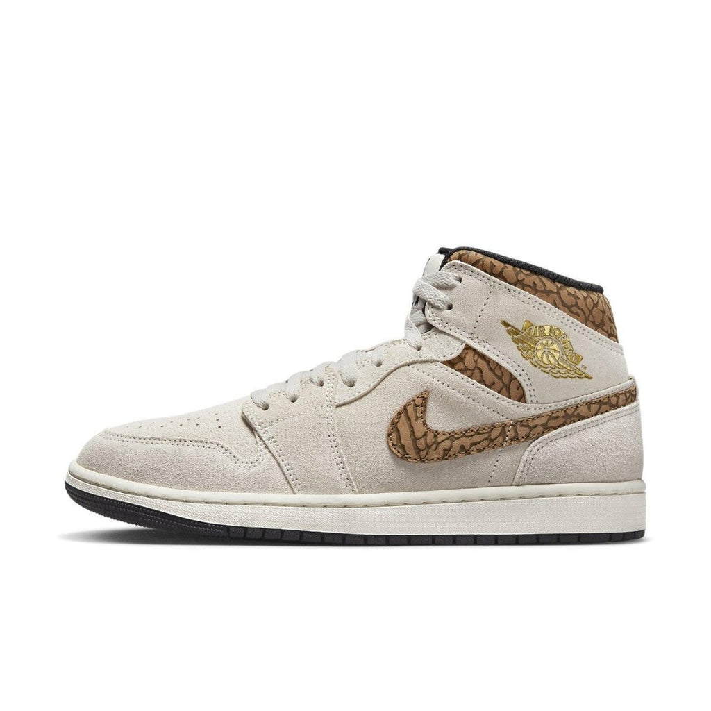 Jordan 1 Mid SE Brown Elephant sneaker, featuring premium materials and a unique elephant print design.
