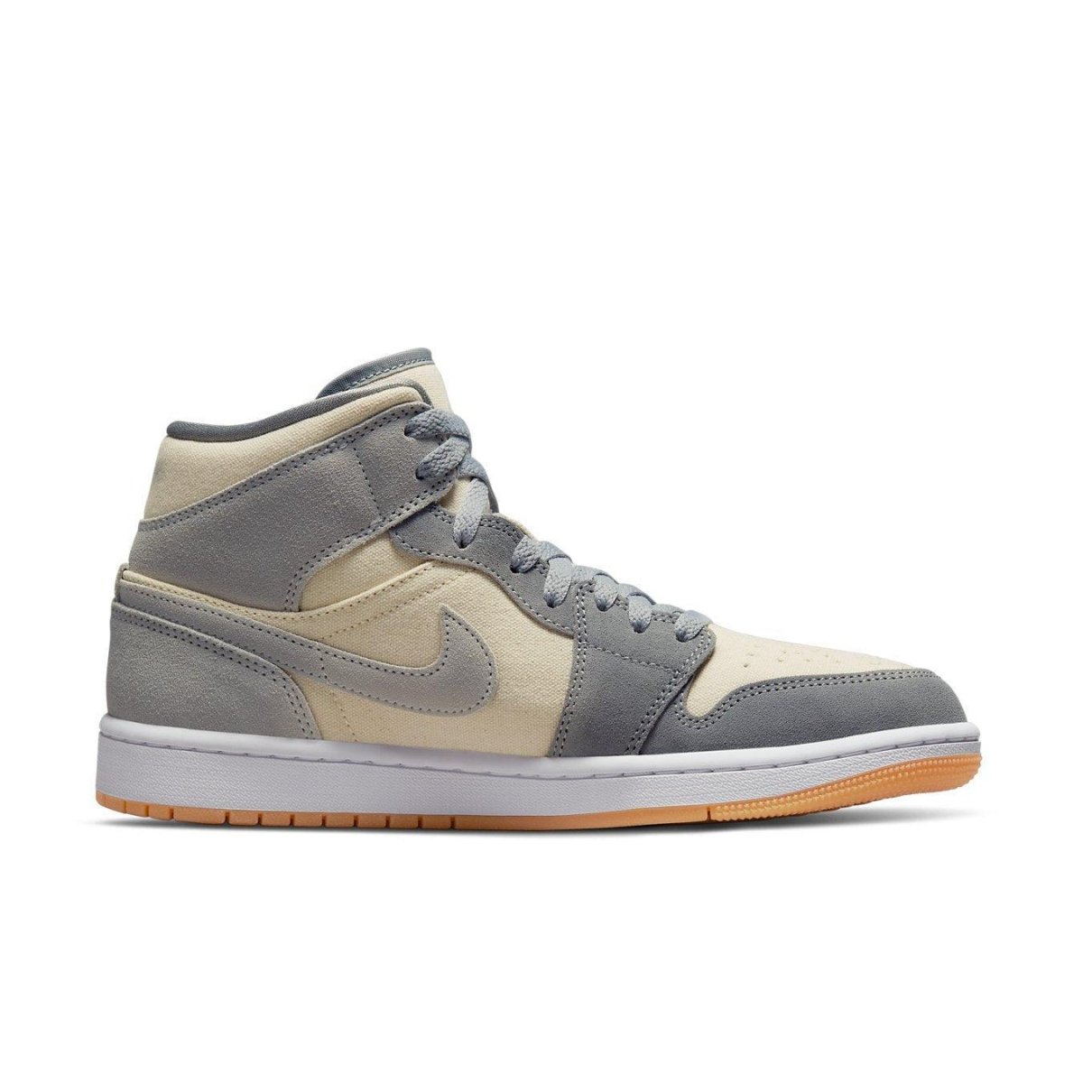 Nike Air Jordan 1 Mid SE Coconut Milk Particle Grey sneaker with cream and grey suede and canvas upper.