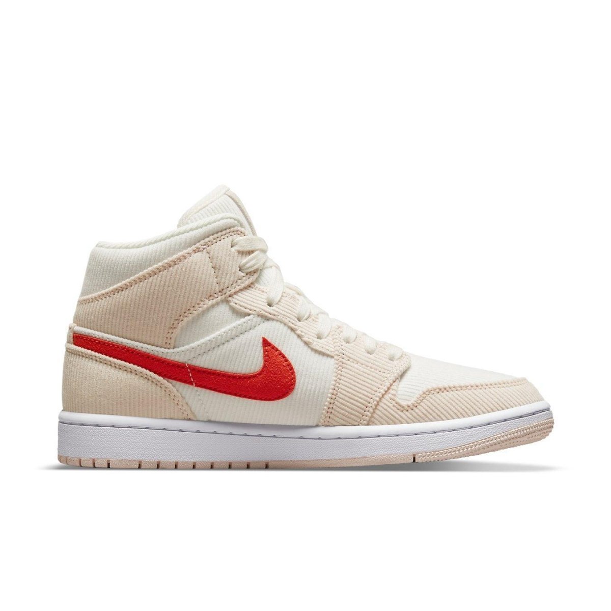 Nike Air Jordan 1 Mid SE Corduroy Sail sneaker with cream and orange accents, featuring a unique corduroy upper.
