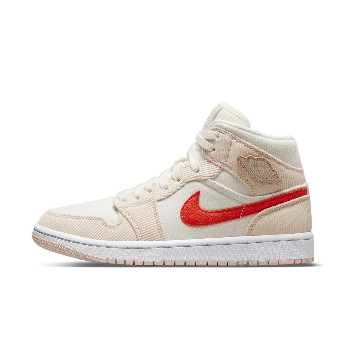 Air Jordan 1 Mid SE Corduroy Sail sneaker featuring a beige corduroy upper and vibrant red Swoosh accent.