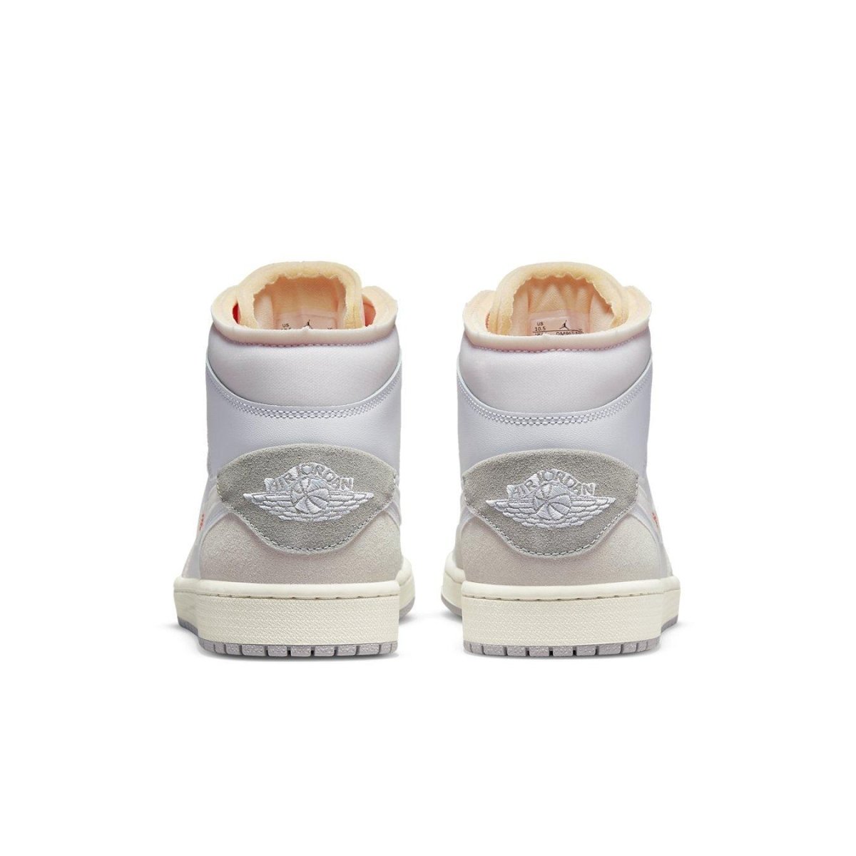 Jordan 1 Mid SE Craft Inside Out in white, grey, showcasing the back view with iconic branding and layered design.