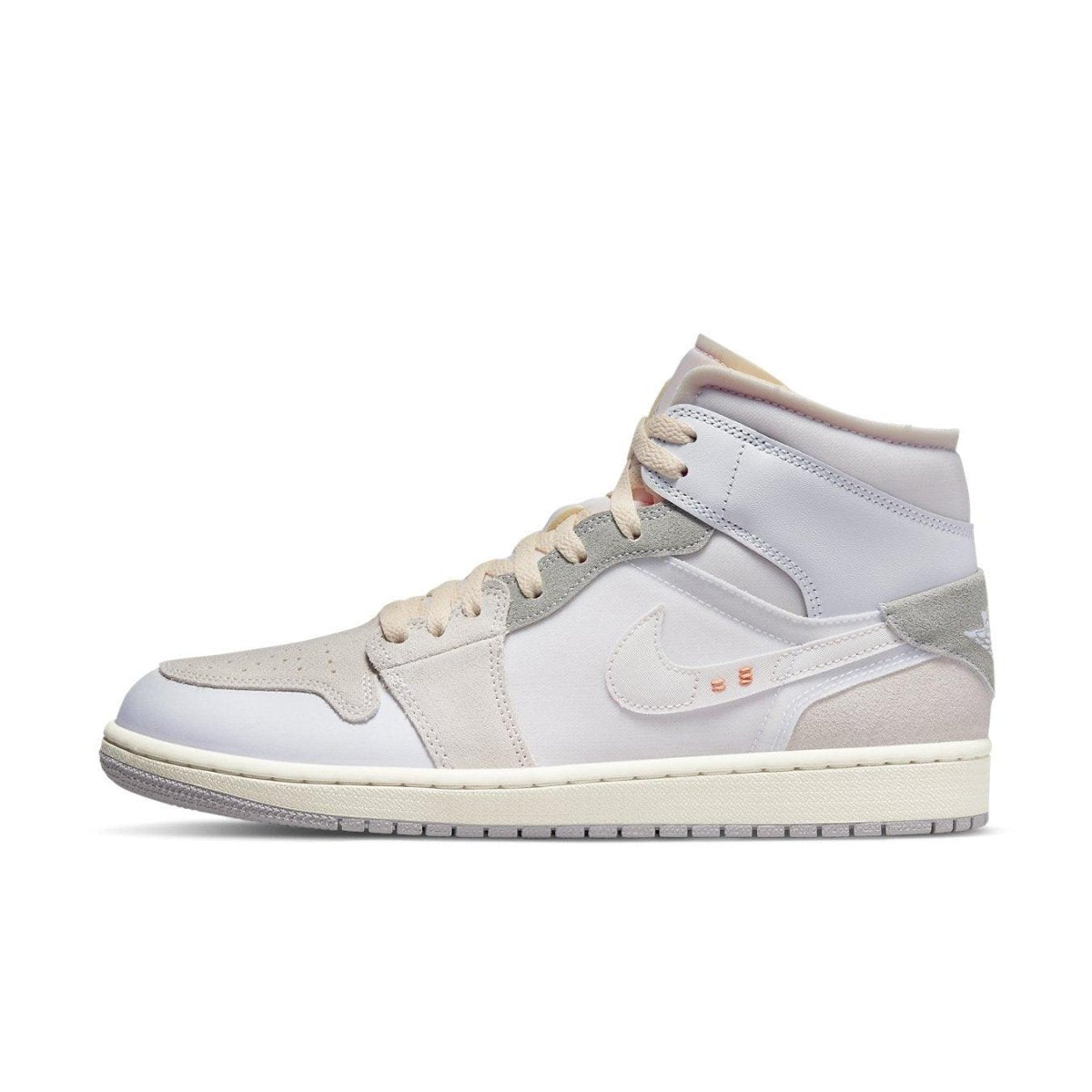 Jordan 1 Mid SE Craft Inside Out in white and grey with layered panels and premium materials.