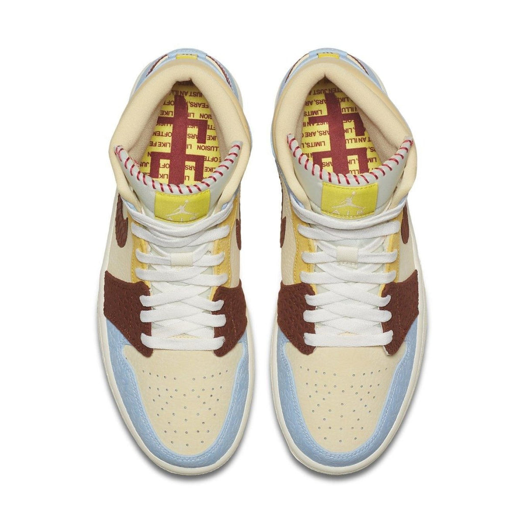 Air Jordan 1 Mid SE Fearless Maison Chateau Rouge sneaker from above with unique colors and patterns.