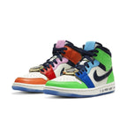 Jordan 1 Mid SE Fearless Melody Ehsani sneakers in vibrant colors with gold embellishments.