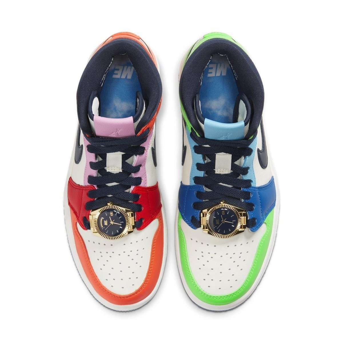 Jordan 1 Mid SE Fearless Melody Ehsani sneakers featuring vibrant colors and a gold watch detail.