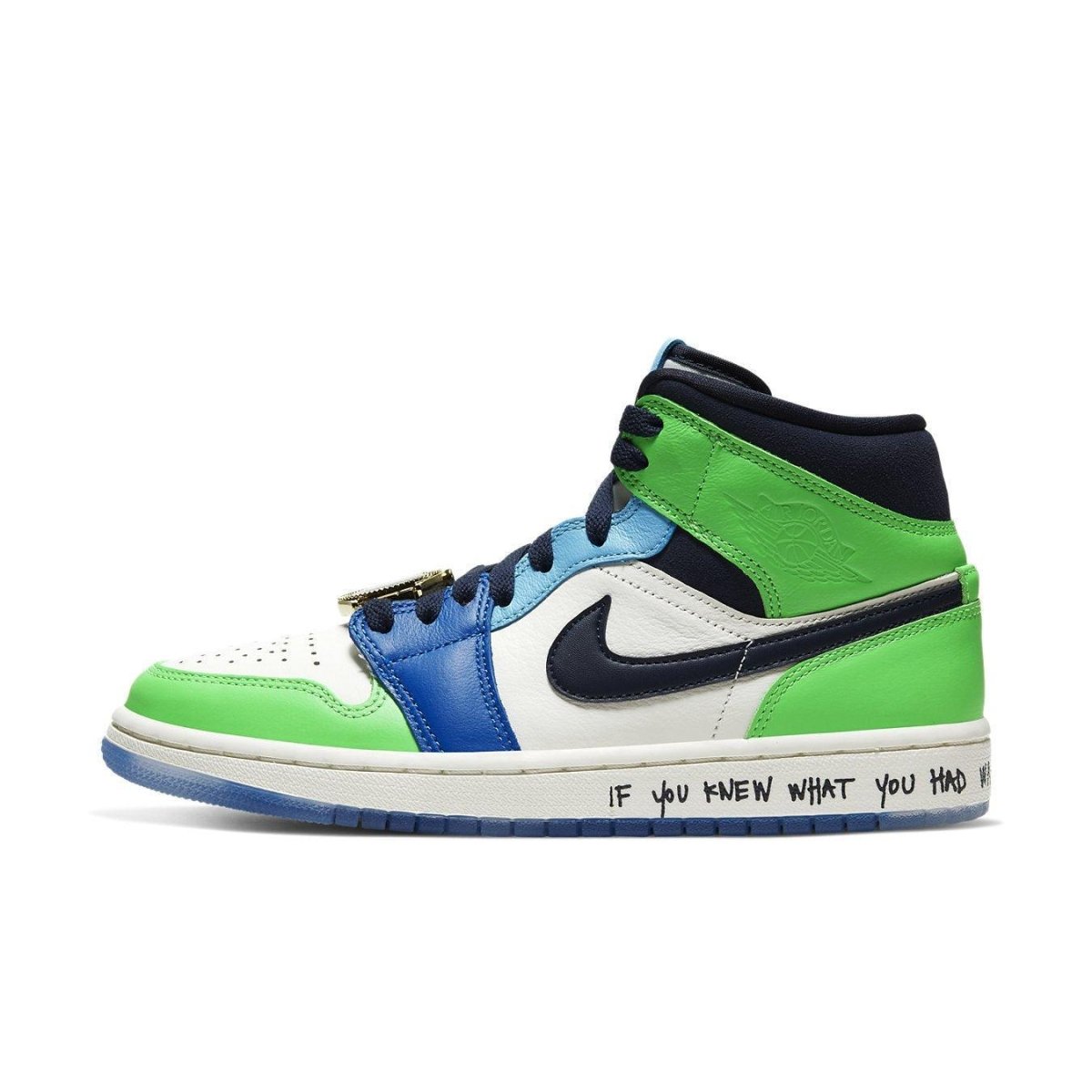 Air Jordan 1 Mid SE Fearless Melody Ehsani (W) in vibrant green and blue colorway with empowering message.