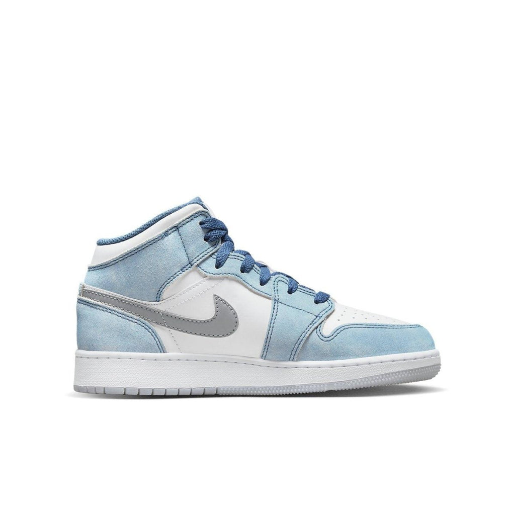 Air Jordan 1 Mid SE French Blue Light Steel GS in blue suede and white leather, featuring gray Swoosh and Jumpman.
