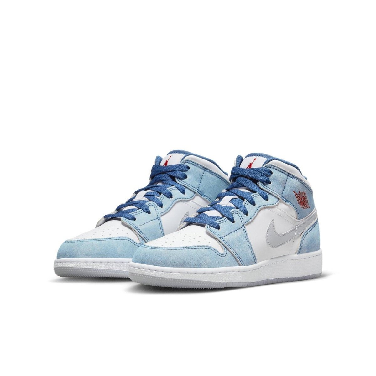 Air Jordan 1 Mid SE French Blue Light Steel GS sneakers with white leather and faded blue suede accents.