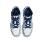 Air Jordan 1 Mid SE GS shoes in French Blue and white, showcasing suede and leather upper with blue laces and Jumpman logo.