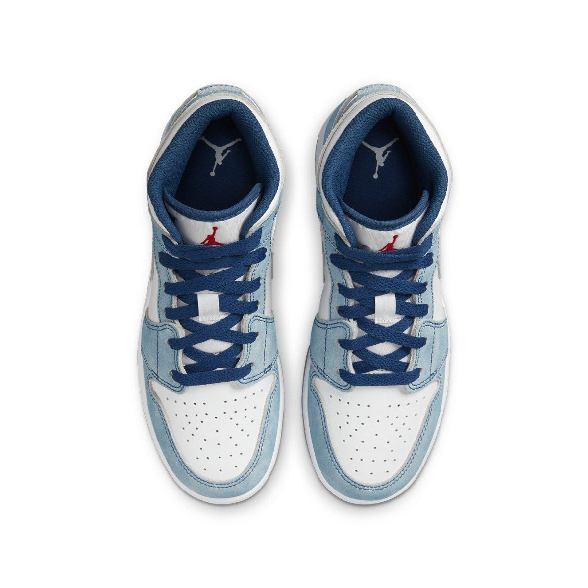 Air Jordan 1 Mid SE GS shoes in French Blue and white, showcasing suede and leather upper with blue laces and Jumpman logo.