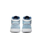 Air Jordan 1 Mid SE French Blue Light Steel GS, rear view showcasing blue and gray suede upper details.
