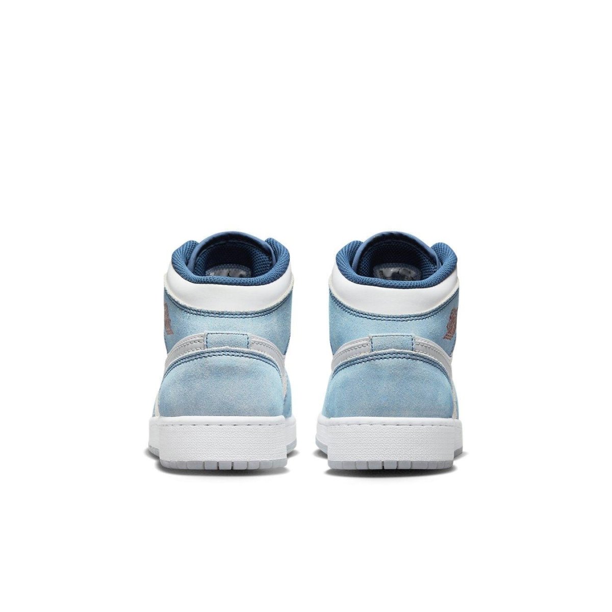 Air Jordan 1 Mid SE French Blue Light Steel GS, rear view showcasing blue and gray suede upper details.