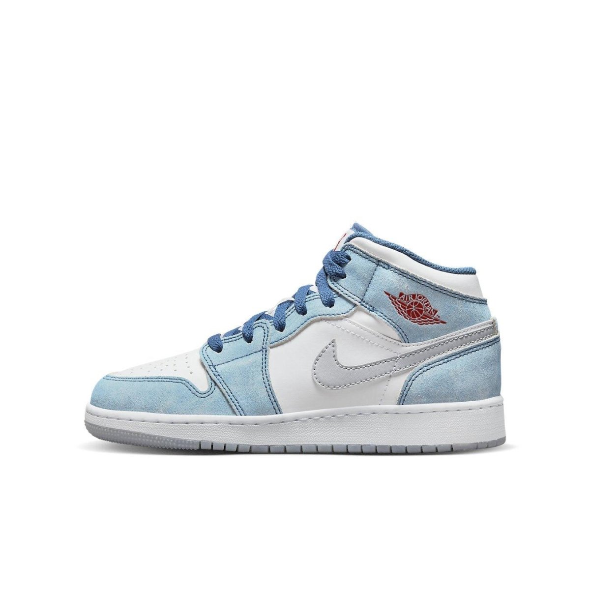 Jordan 1 Mid SE French Blue Light Steel GS sneaker featuring blue suede and white leather with red Jumpman logo.