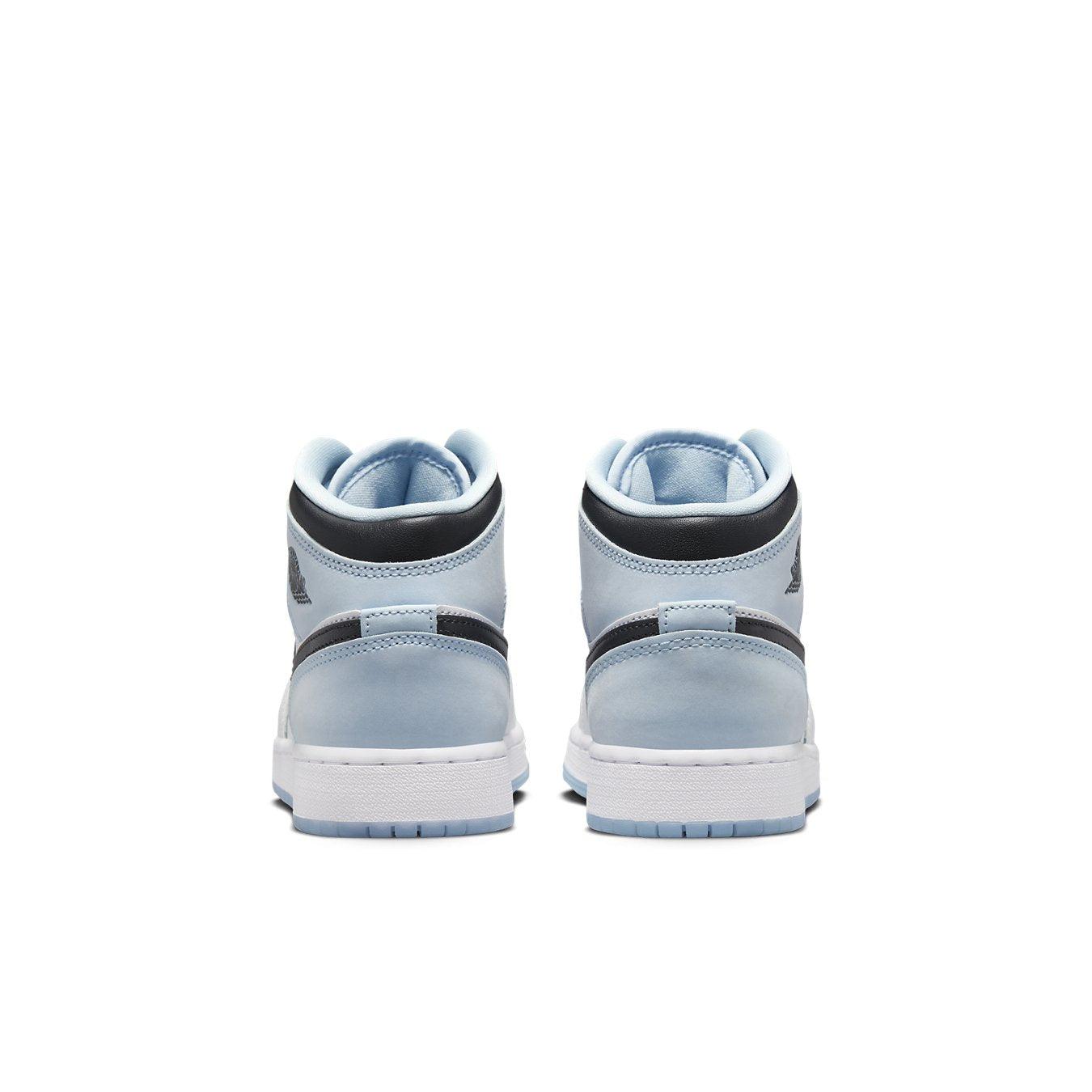 Jordan 1 Mid SE Ice Blue 2023 GS sneakers, rear view showcasing premium materials and modern design.