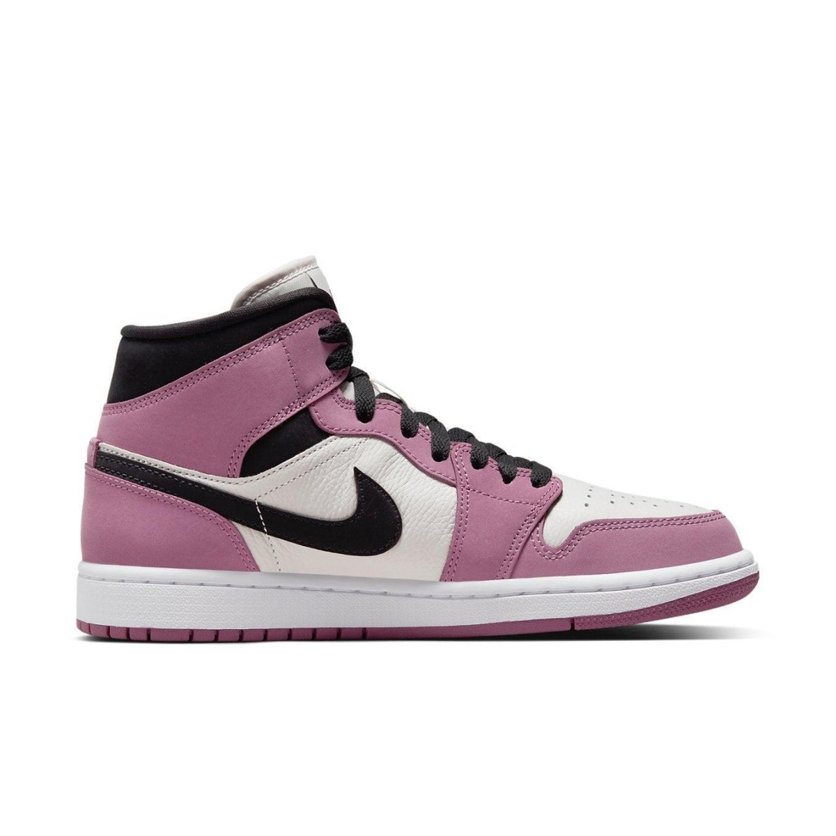 Jordan 1 Mid SE Light Mulberry (W) in Berry Pink with black Swoosh and white midsole.