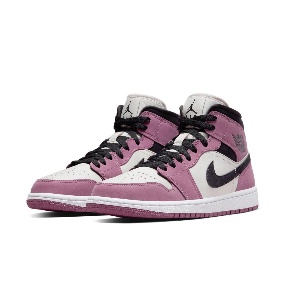 Air Jordan 1 Mid SE Women's Light Mulberry sneakers in Berry Pink and Sail colors with black Swoosh.