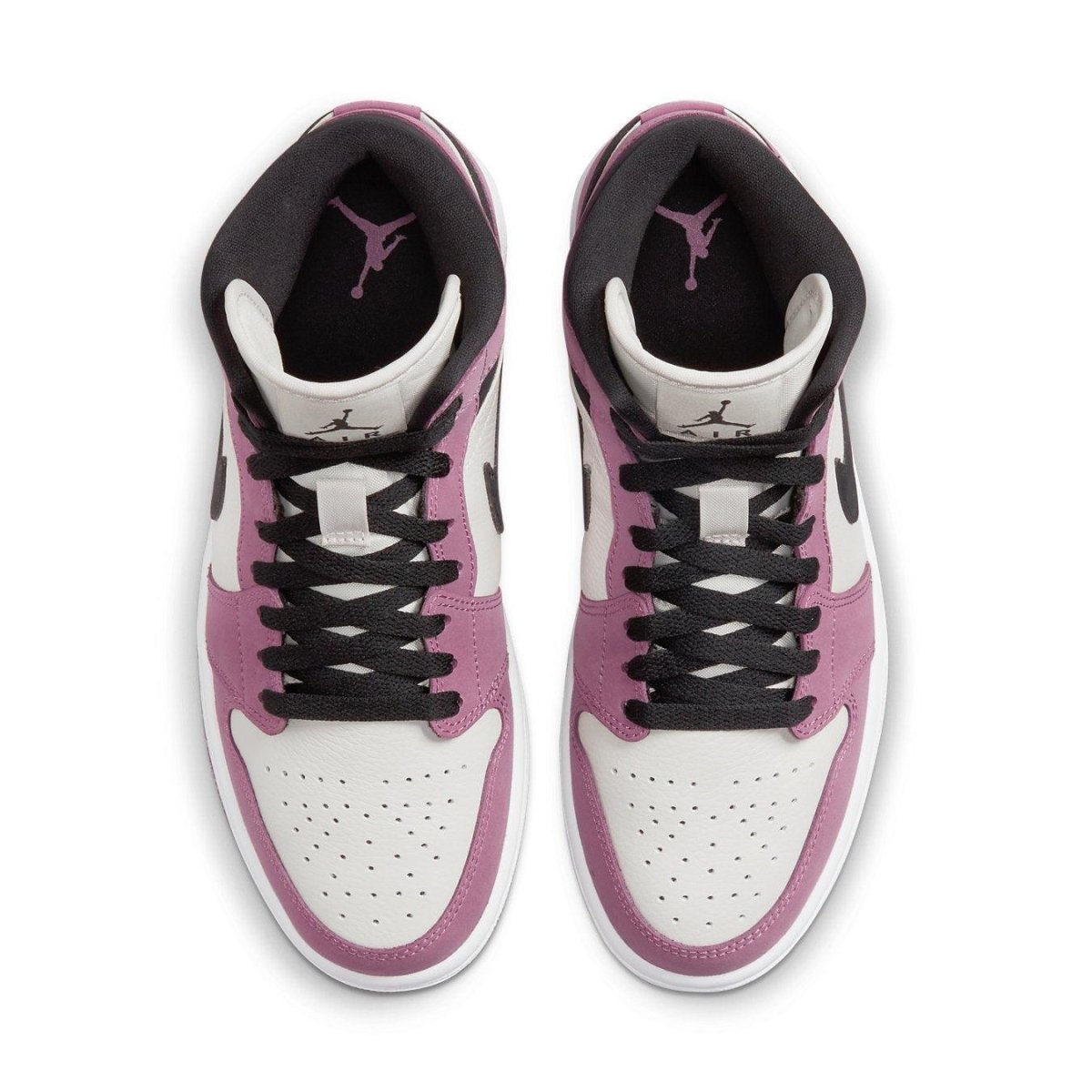 Air Jordan 1 Mid SE Light Mulberry Wmns shoes featuring Berry Pink and Sail leather design.