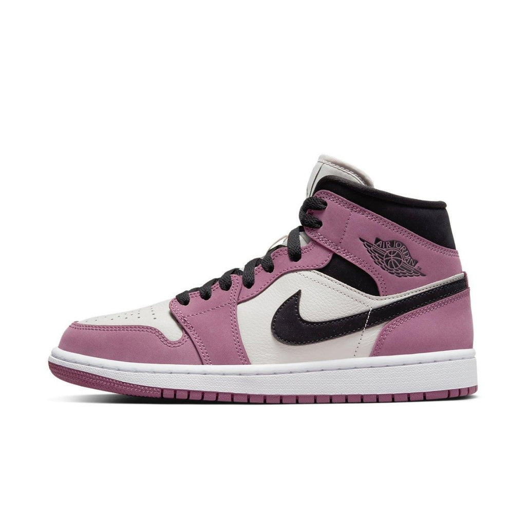 Nike Air Jordan 1 Mid SE Light Mulberry W with Berry Pink suede and white leather accents.