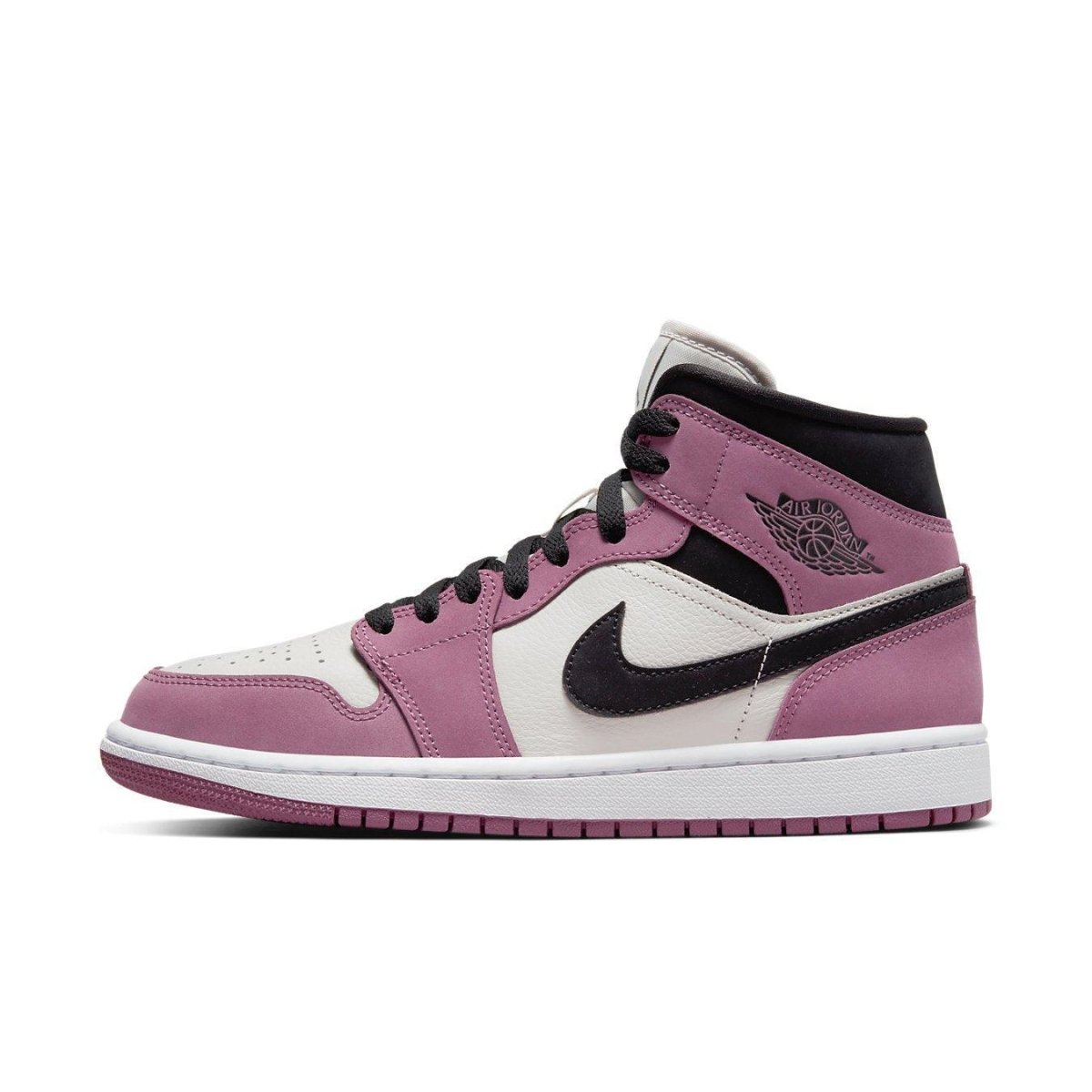 Nike Air Jordan 1 Mid SE Light Mulberry W with Berry Pink suede and white leather accents.