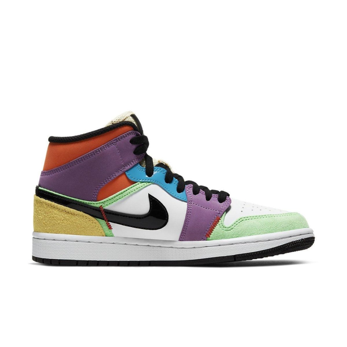 Air Jordan 1 Mid SE 'Multi-Color' featuring a mix of suede and leather in vibrant colors and black Swoosh.