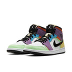 Air Jordan 1 Mid SE Multi-Color women's shoes with colorful suede and leather design.