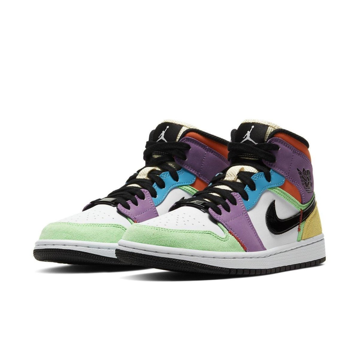 Air Jordan 1 Mid SE Multi-Color women's shoes with colorful suede and leather design.