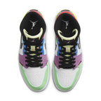 Top view of Women's Jordan 1 Mid SE Multi-Color sneakers with various colors and materials.