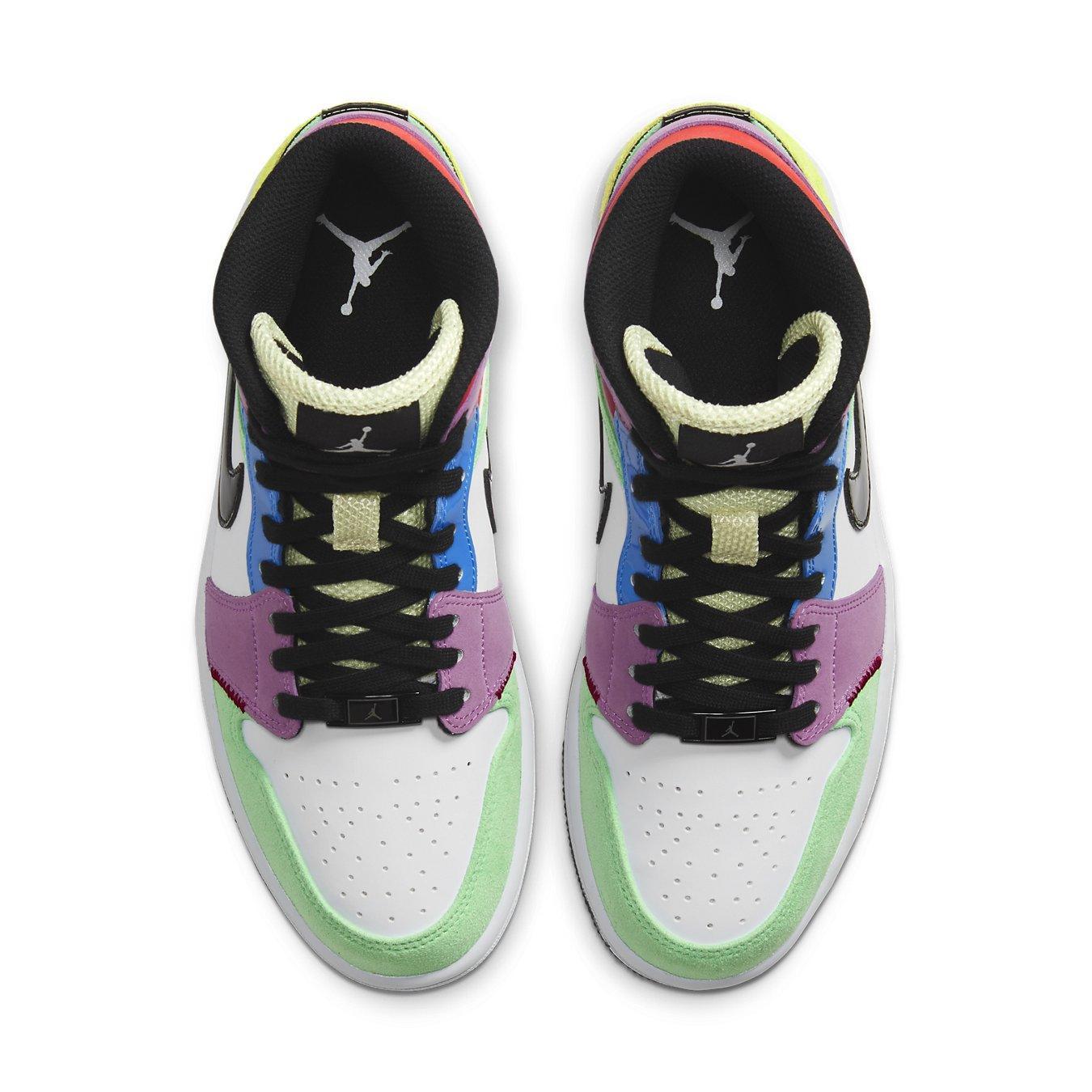Top view of Women's Jordan 1 Mid SE Multi-Color sneakers with various colors and materials.