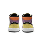 Rear view of women's Air Jordan 1 Mid SE Multi-Color featuring green, yellow, and purple design elements.