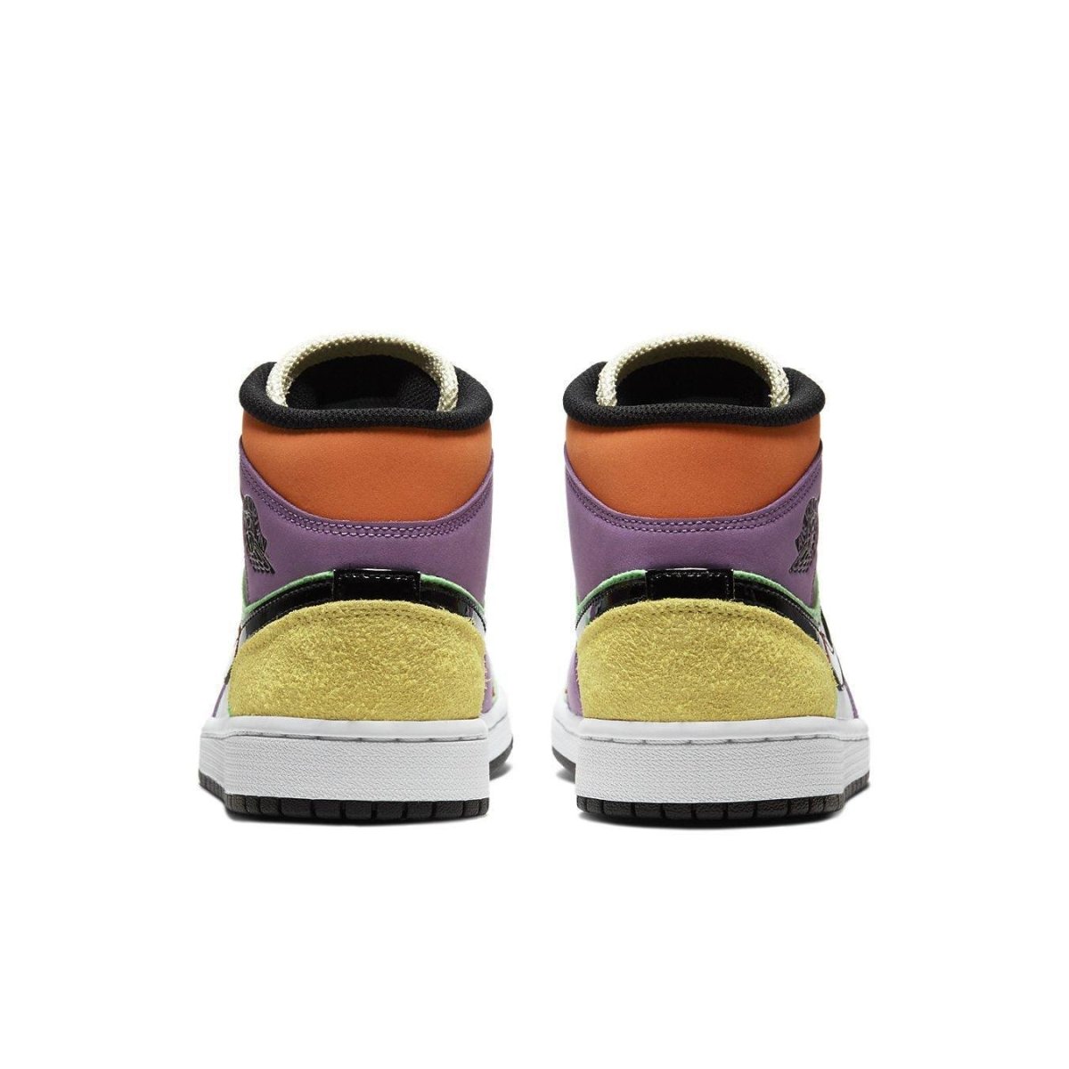 Rear view of women's Air Jordan 1 Mid SE Multi-Color featuring green, yellow, and purple design elements.