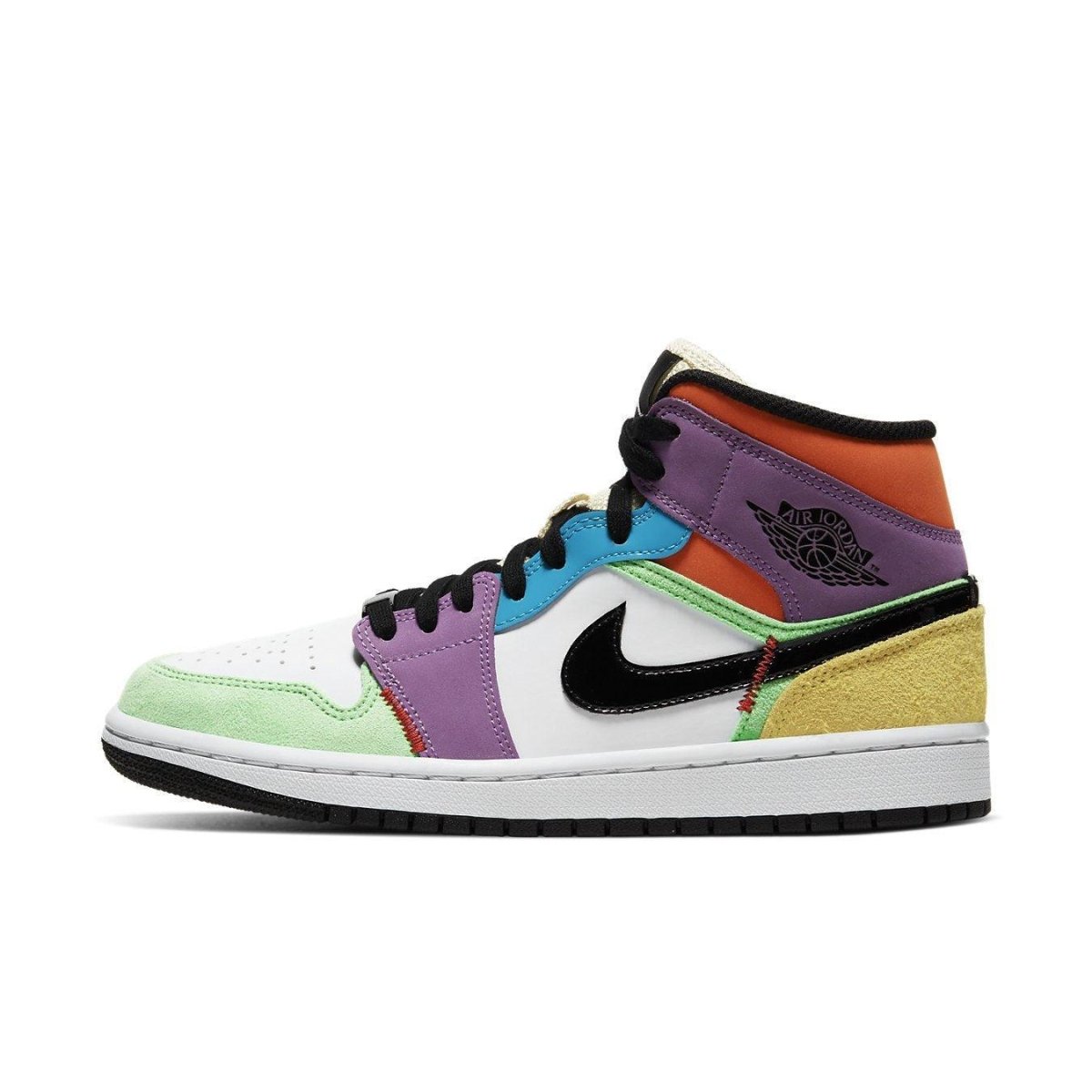 Air Jordan 1 Mid SE Multi-Color women's sneakers with mixed materials and vibrant colors.